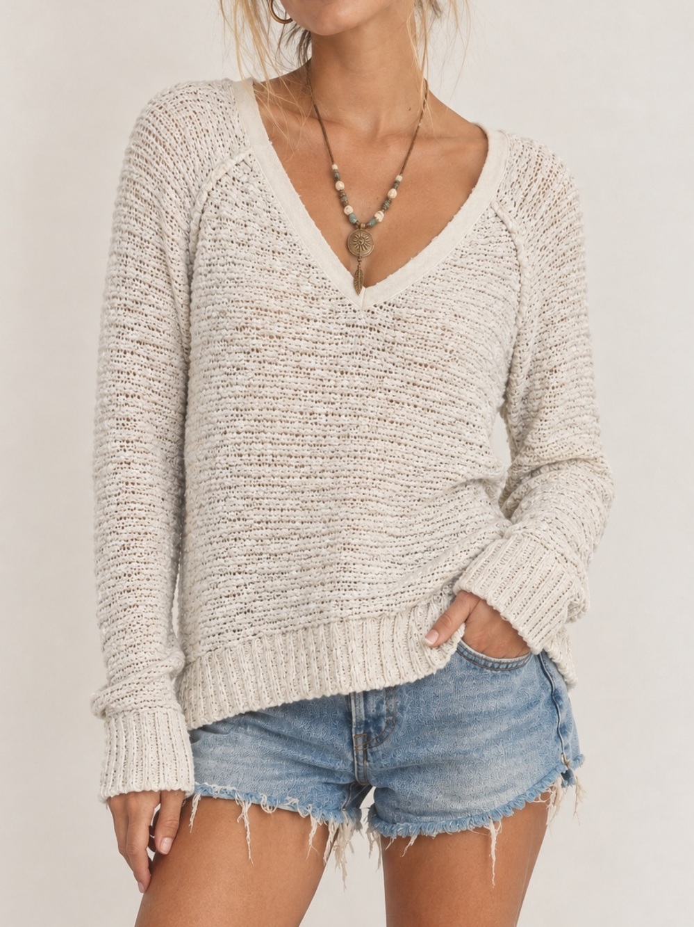 Free People Songbird Sweater Boucle Knit V Neck Sweater Cream Ivory Boho S